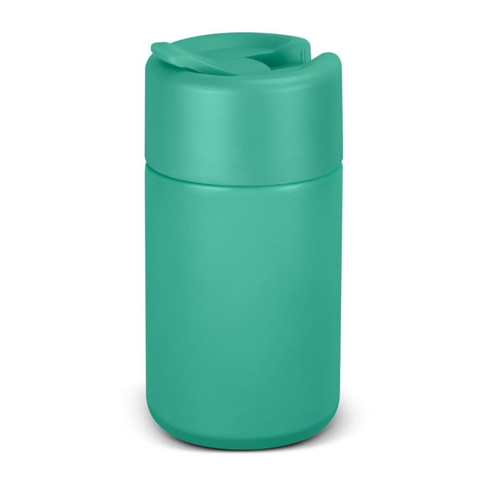 A drink bottle in a matte turquoise finish with a spill-proof lid and branding.