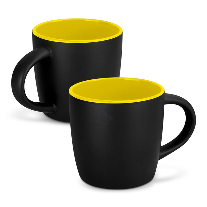 A two-tone coffee mug featuring a black exterior and bright yellow interior, with a rounded handle.