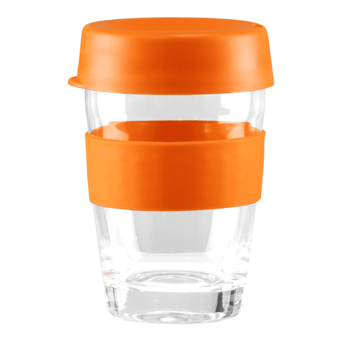 A drink bottle with a clear glass body and orange silicone bands and lid.