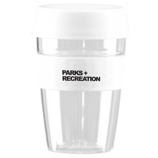A drink cup in clear glass with a white lid and a white band featuring a logo. Holds 340ml.