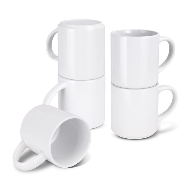 A stack of white coffee mugs featuring a handle, designed for space-saving storage.