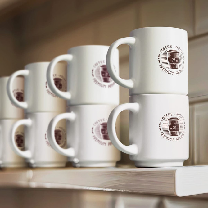 Stackable white coffee mugs displayed on a shelf, featuring a logo in brown.
