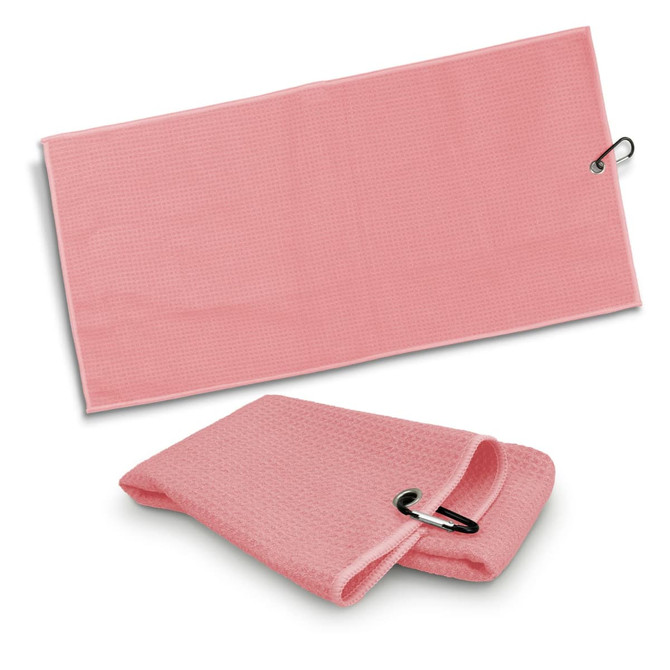 A pink waffle golf towel, featuring a hook for easy attachment, displayed in both flat and folded positions.