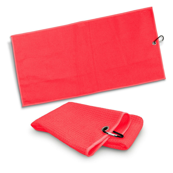 A red waffle golf towel, folded with a hook for attachment. It features a textured surface and a branding logo.
