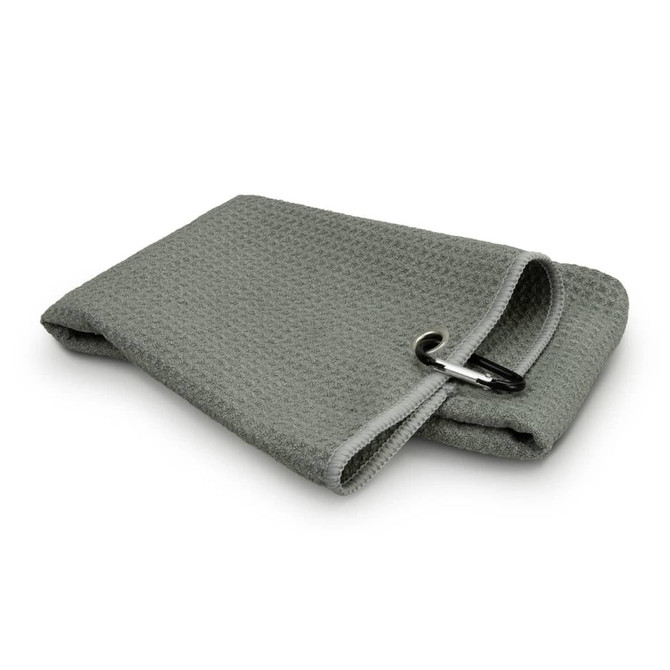 A grey waffle golf towel featuring a loop for attachment, presented in a folded position.