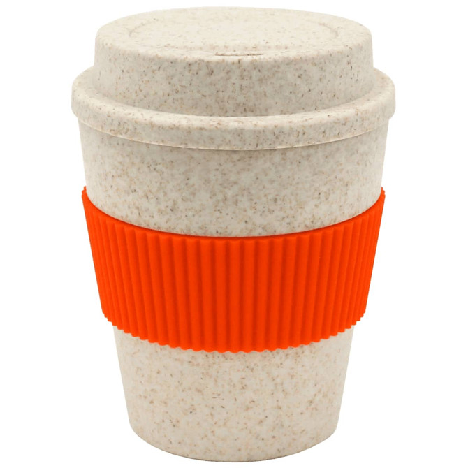 A drink bottle made of bamboo mix with a textured orange silicone band and a light speckled cream body.