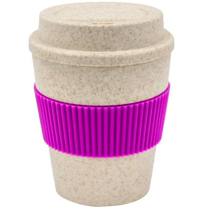 A drink bottle in cream with a pink silicone grip, featuring a lid. It has a logo on the side.