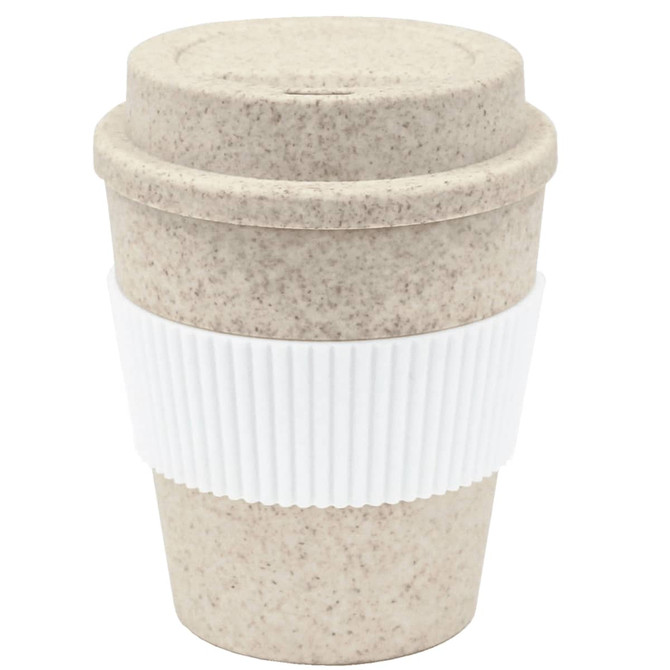 A drink bottle in a light brown bamboo mix material with a white ribbed sleeve and a matching lid.