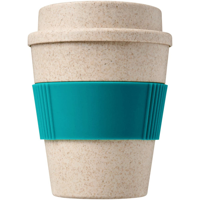 A drink bottle featuring a natural bamboo mix design with a teal silicone band, promoting reusable coffee consumption.