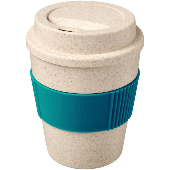 A drink bottle featuring a cream-coloured exterior and a teal silicone grip, made from a bamboo mix material.