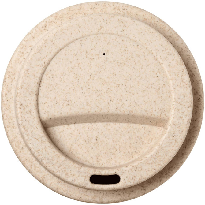 A drink bottle lid in a speckled cream colour, featuring a small air hole and a sliding opening mechanism.
