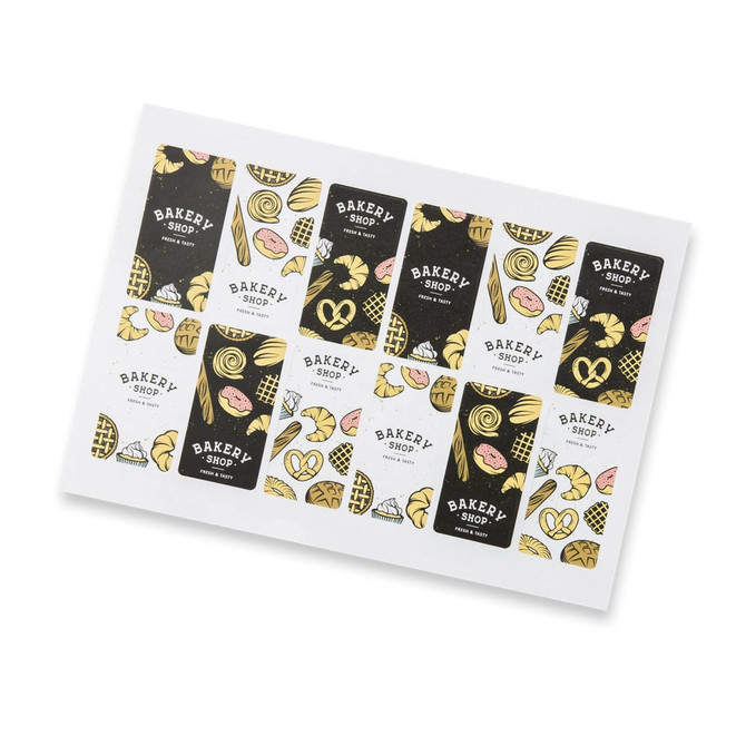 A rectangular matte sticker sheet featuring various bakery-themed designs in black, white, and pastel colours.