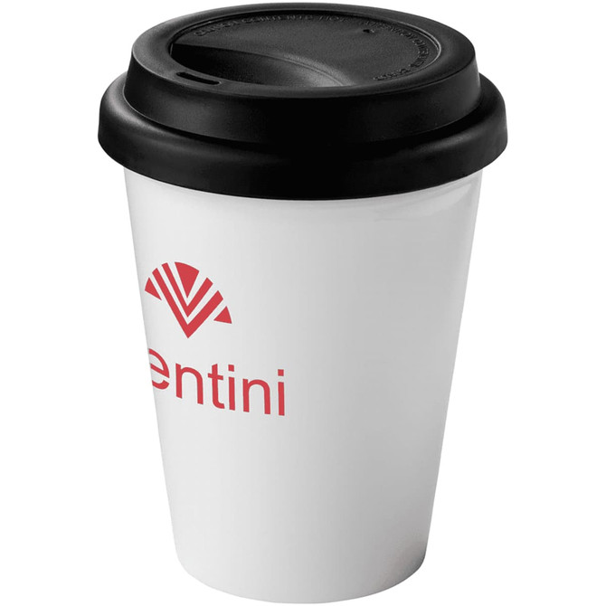 A drink bottle featuring a white exterior and a black lid, with a logo on the side.