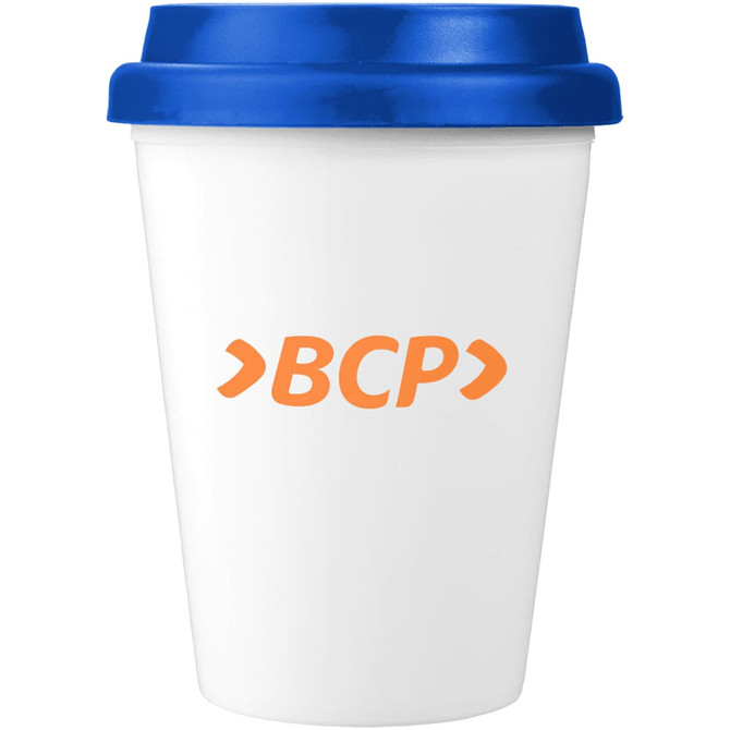 A drink bottle featuring a white body and blue lid, with a logo printed on the side.