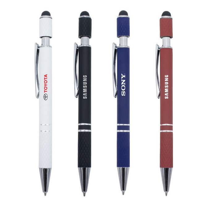 A set of four metal pens in black, white, blue, and red, each with a logo and stylus tip.