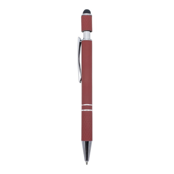 A metal pen in a rust red colour with silver detailing and a touch screen stylus tip. Features a logo.
