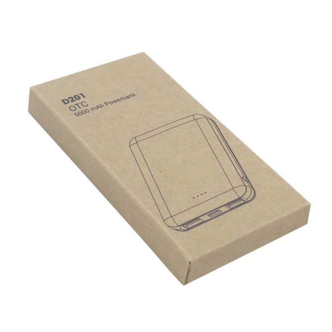 A powerbank box with a minimalist design, featuring a sketch of the OTC 5000mAh powerbank. The packaging is brown.