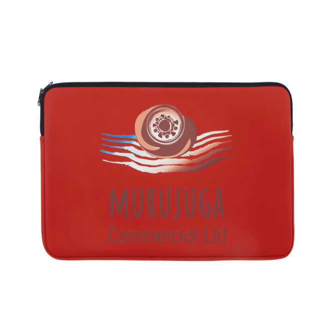 A red laptop sleeve featuring a logo on the front, designed for protecting laptops.