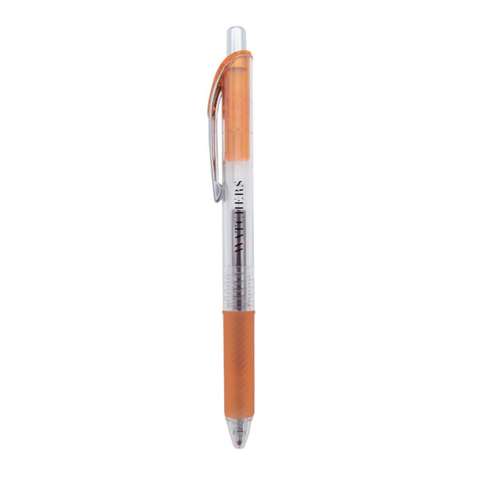 A gel ink pen with a transparent barrel and orange accents, featuring a comfort grip and a clip.