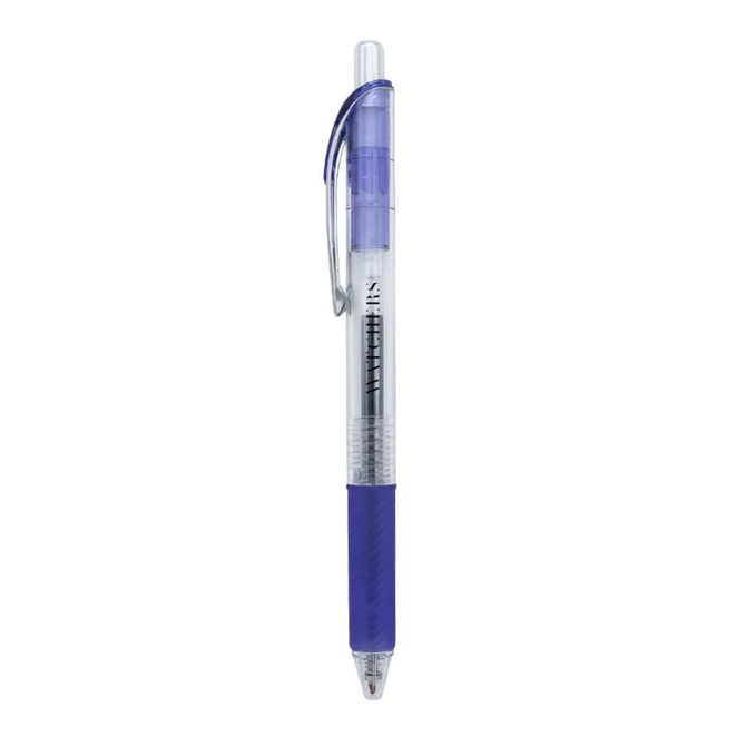 A gel ink pen with a clear barrel, purple grip, and a purple click top, featuring a logo on the side.