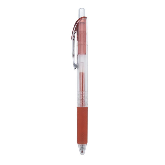 A colourful gel ink pen with a transparent barrel, featuring a red grip and retractable design. It has a logo on the barrel.