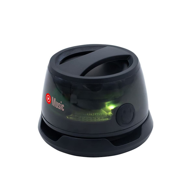 A black speaker with a transparent top and a glowing light, featuring a logo on the side.