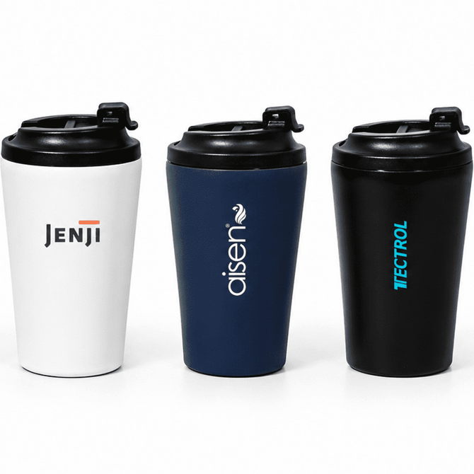 A travel cup set featuring three colours: white, navy, and black, each with a black lid and a logo.