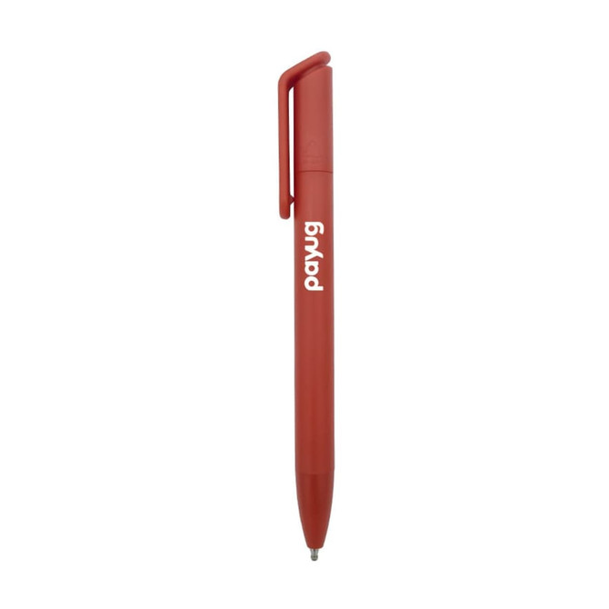 A red ballpoint pen with a clip and a branding logo.