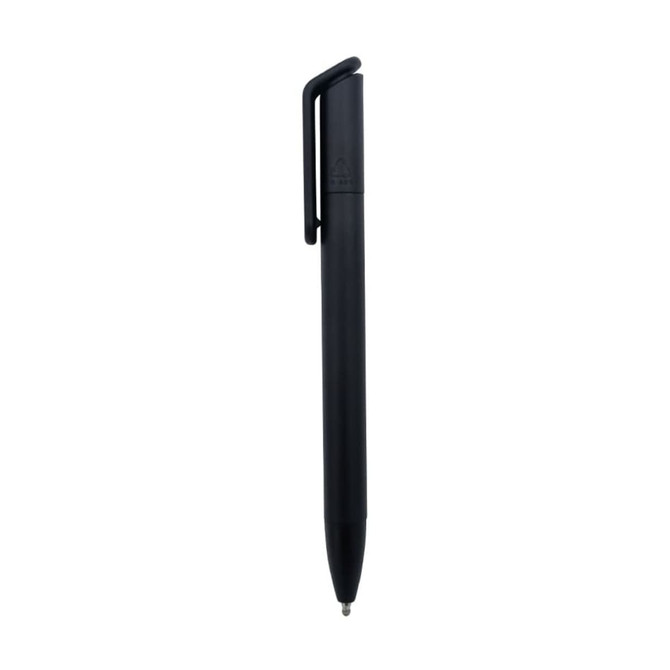 A black mini ballpoint pen with a clip and a logo on the barrel.