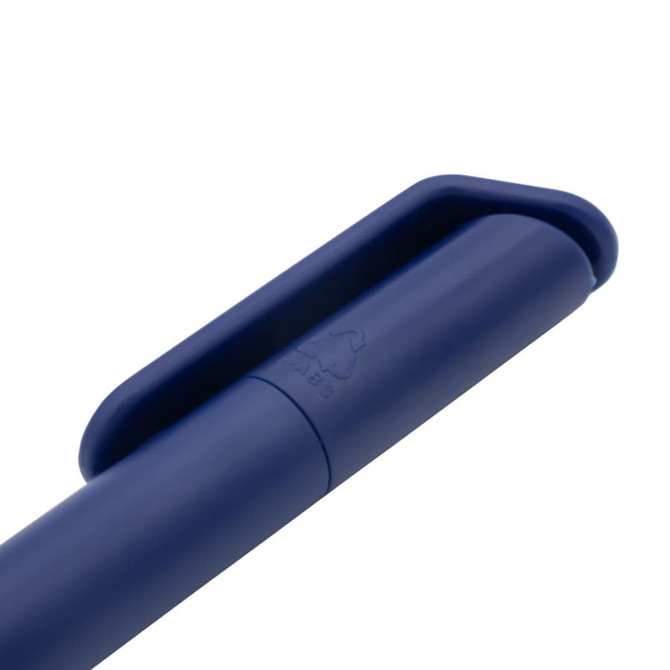 A navy blue mini ballpoint pen with a clip and a visible logo.