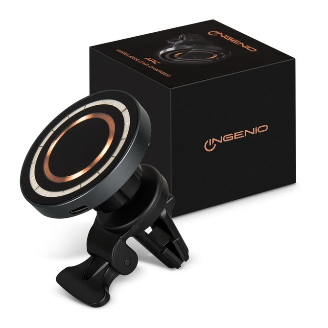 A wireless car charger in black with a circular design, accompanied by a branded box.