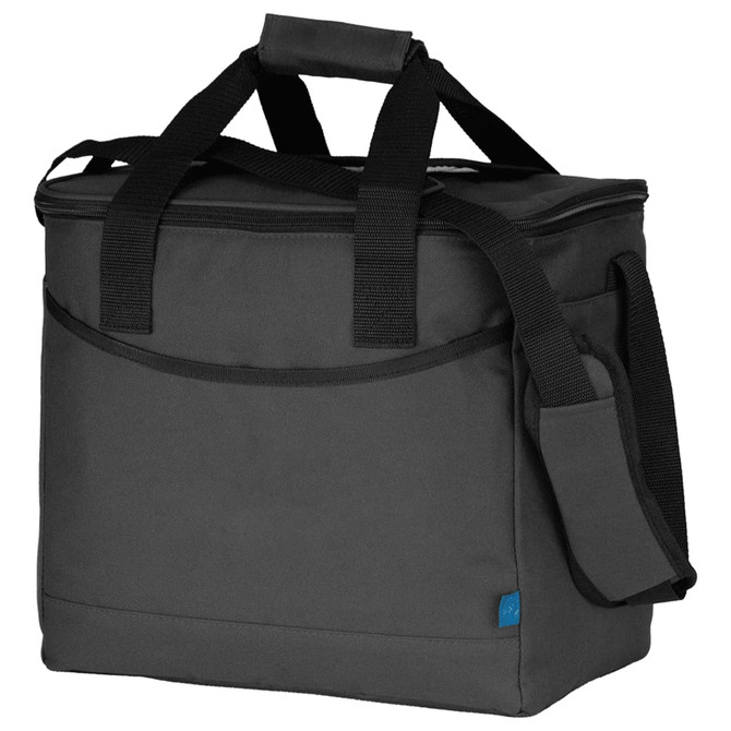 A grey cooler bag with dual handles and a shoulder strap, featuring a logo on the front.