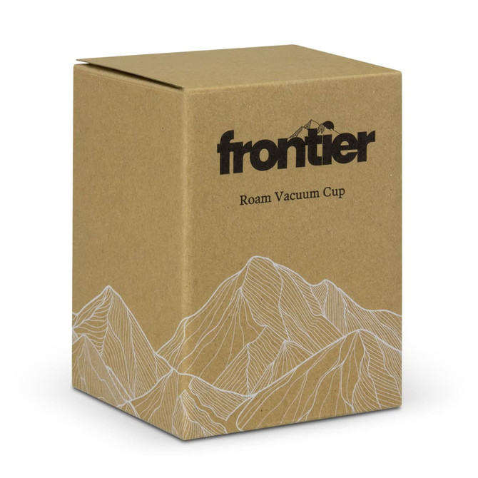 A brown cardboard box containing the Frontier Roam Vacuum Cup, featuring a mountain design and a logo.