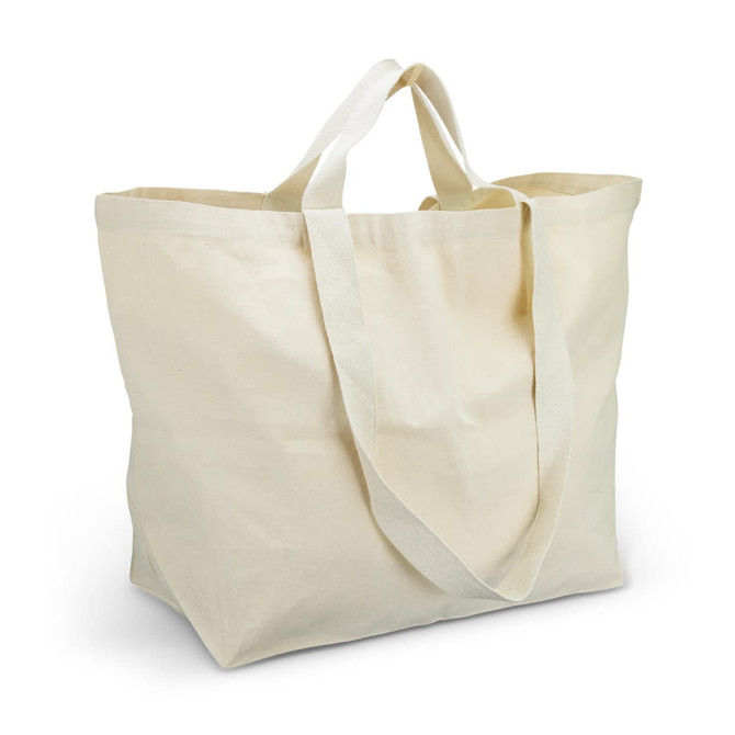 A cream tote bag with long handles, featuring a simple design and a spacious interior.