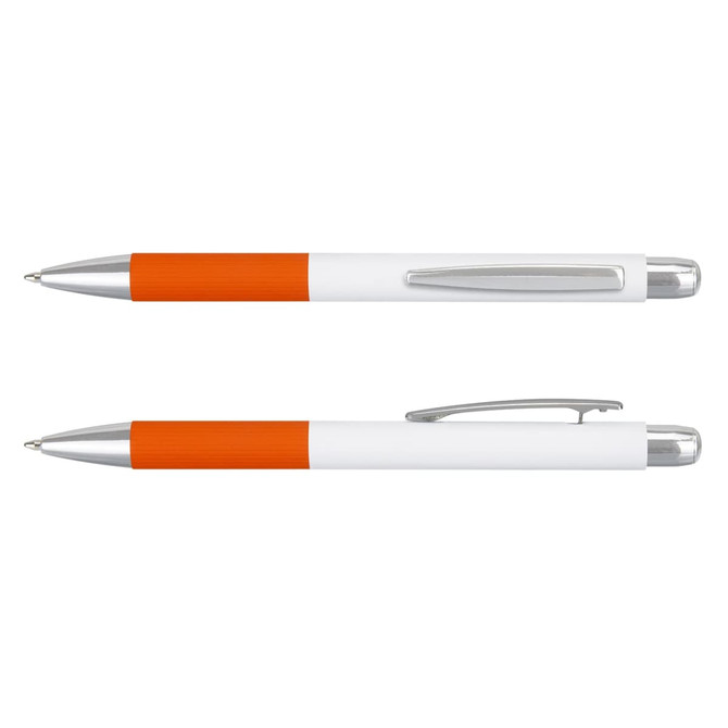 A metal pen in white with an orange grip and silver accents, featuring a clip and branding.