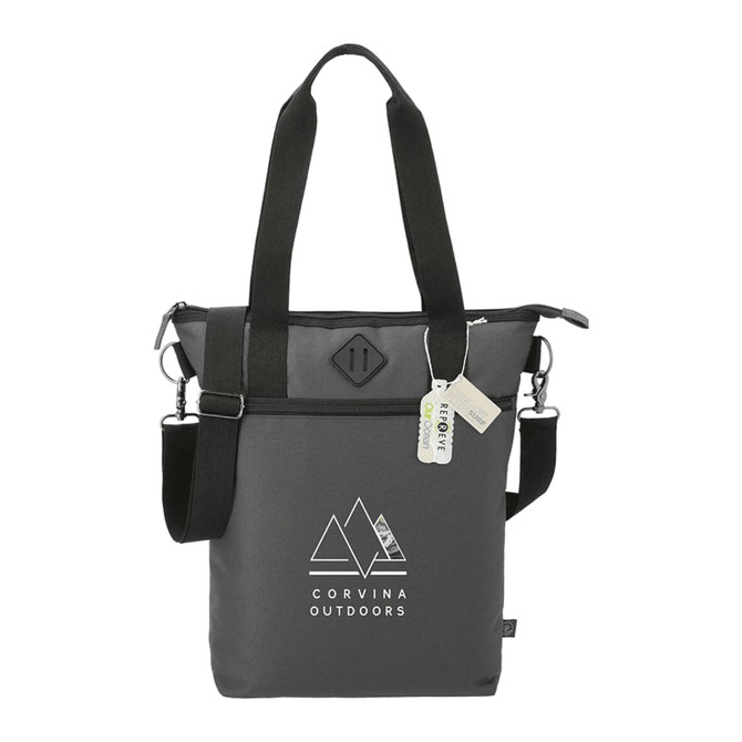 A grey laptop tote bag with black straps and a logo, featuring a top clasp and adjustable shoulder strap.