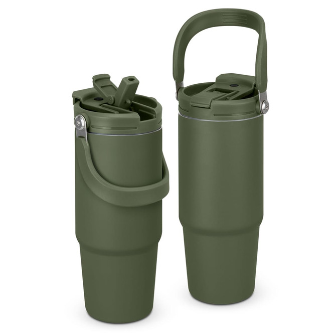 A drink bottle featuring a green exterior, a carry handle, and a lid with a spout. It includes a logo.