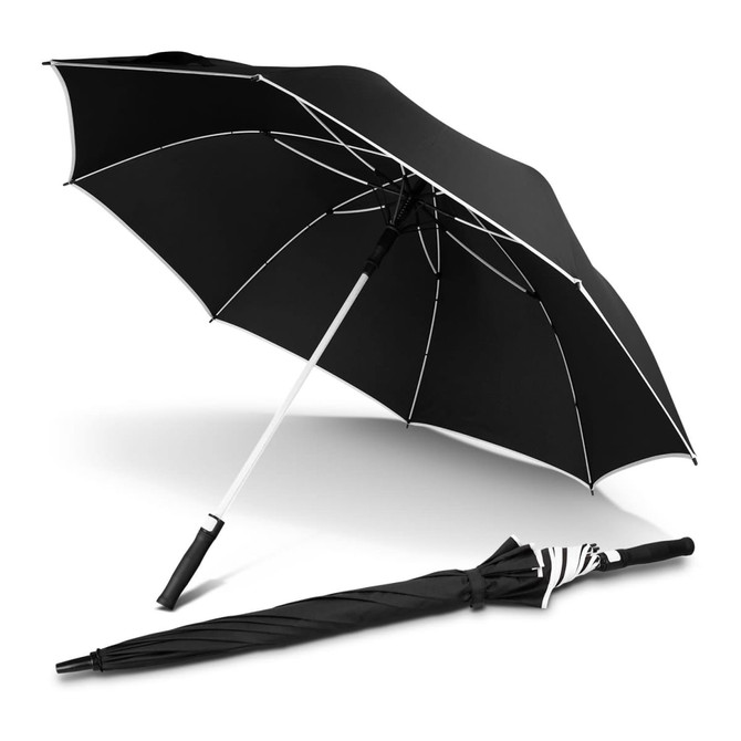 A black umbrella with white accents, featuring a curved handle and an open and closed position. It includes a logo.