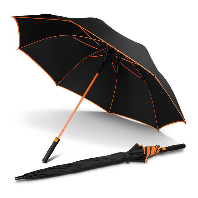 A black umbrella with orange accents, opened to display its interior, alongside a folded version. It has a logo.