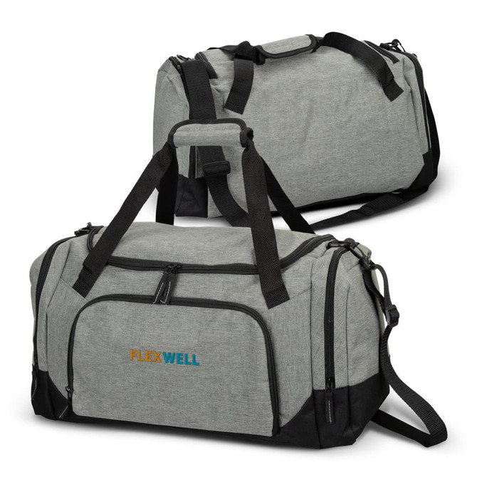 A grey duffle bag with black accents, featuring multiple handles and a logo on the front.