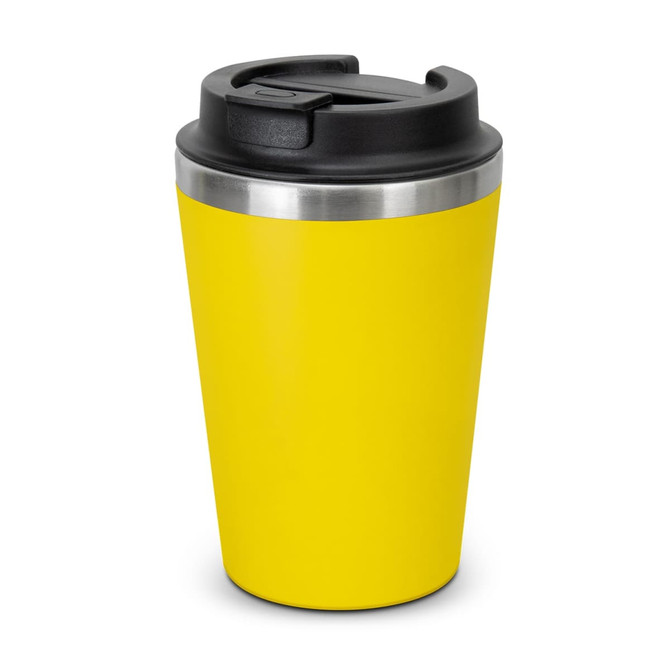 A yellow coffee cup with a stainless steel rim and a black lid. The cup features a logo.