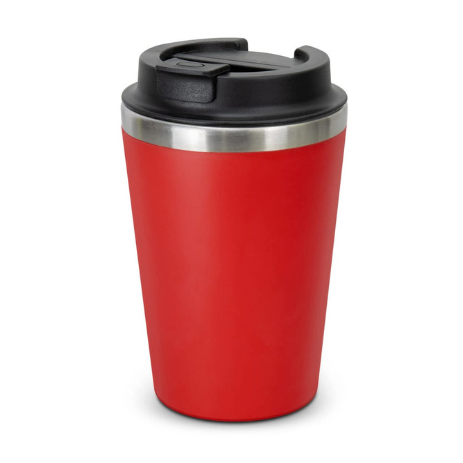 A red travel coffee cup with a black lid and a stainless steel band around the top.