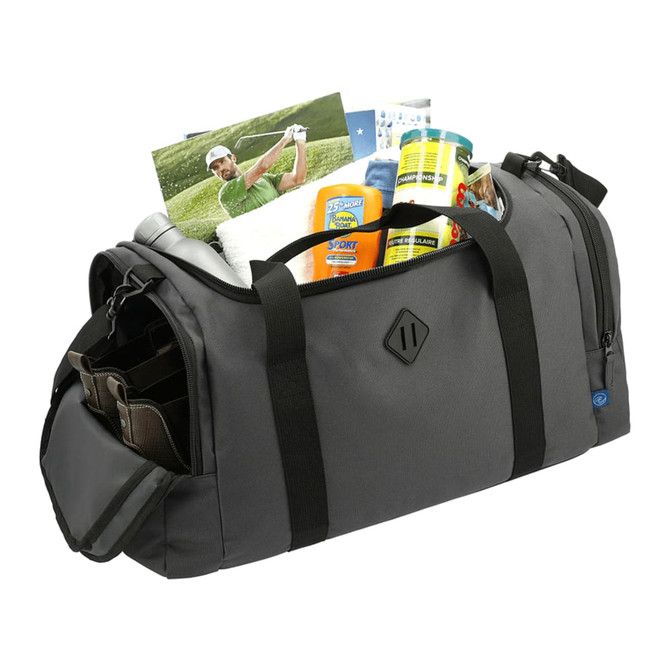 A dark grey duffel bag made from recycled material, filled with various items including drinks and sport-related supplies.