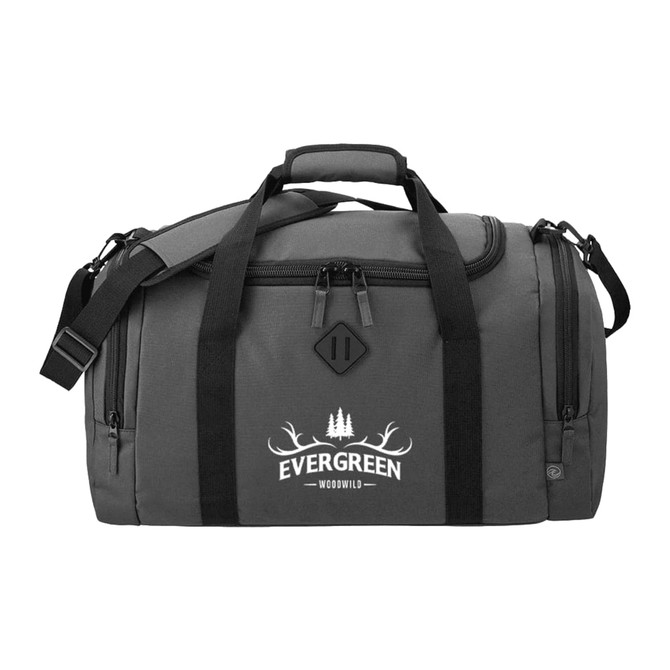 A grey duffel bag made from recycled material, featuring black straps and a logo.
