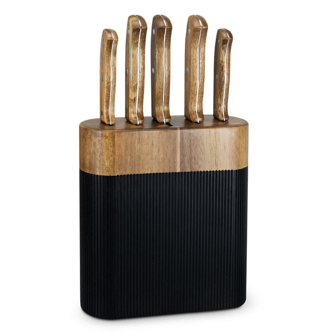 A knife block with a wooden base and five knives featuring textured black handles.