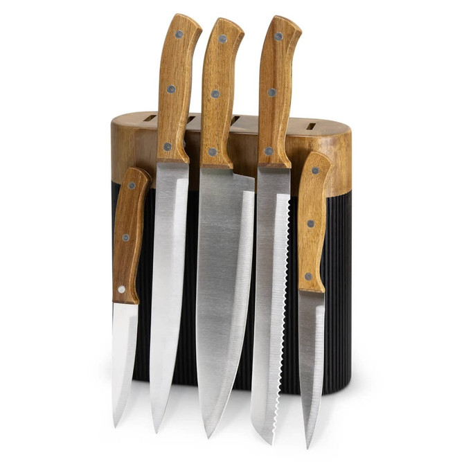 A knife block featuring four stainless steel knives with wooden handles, set in a stylish black and natural wood holder.