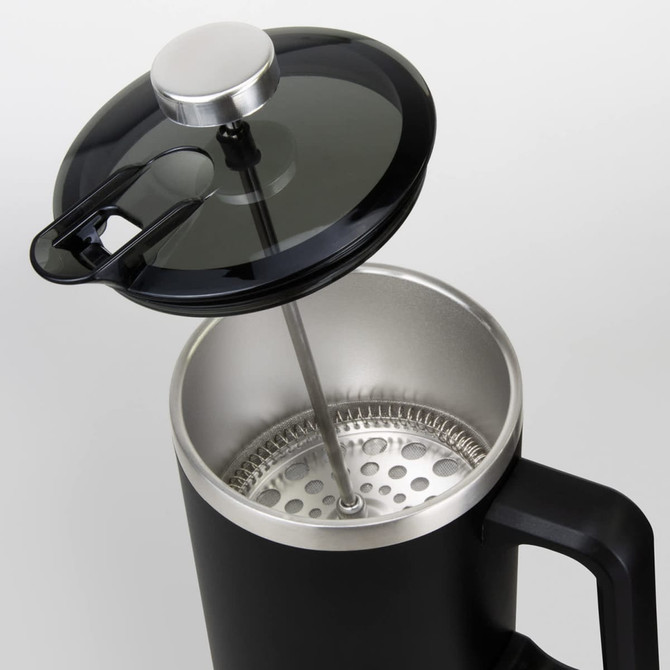 A black coffee press with a stainless steel interior and a transparent lid, featuring a plunger mechanism.