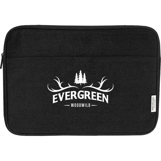A black laptop sleeve featuring a front pocket and a logo, made from recycled canvas.