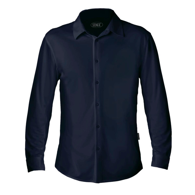 A navy long-sleeve polo shirt with a collar and button-down front, featuring a logo on the neckline.