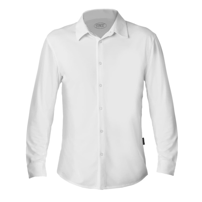 A white long-sleeve men's polo shirt featuring a logo on the collar and a button-up design.